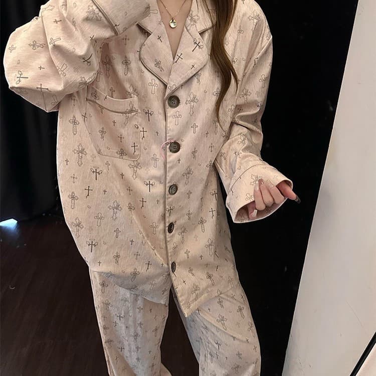 Pink Cross Cro Cat Pajama Set for Women Spring Autumn Cardigan Lapel Two-Piece Loungewear Wearable Outside