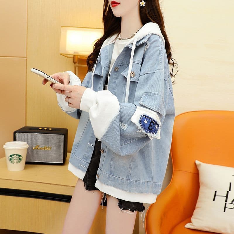 Spring and Fall New School Style Korean Fake Two-Piece Contrast Color Stitching Denim Jacket