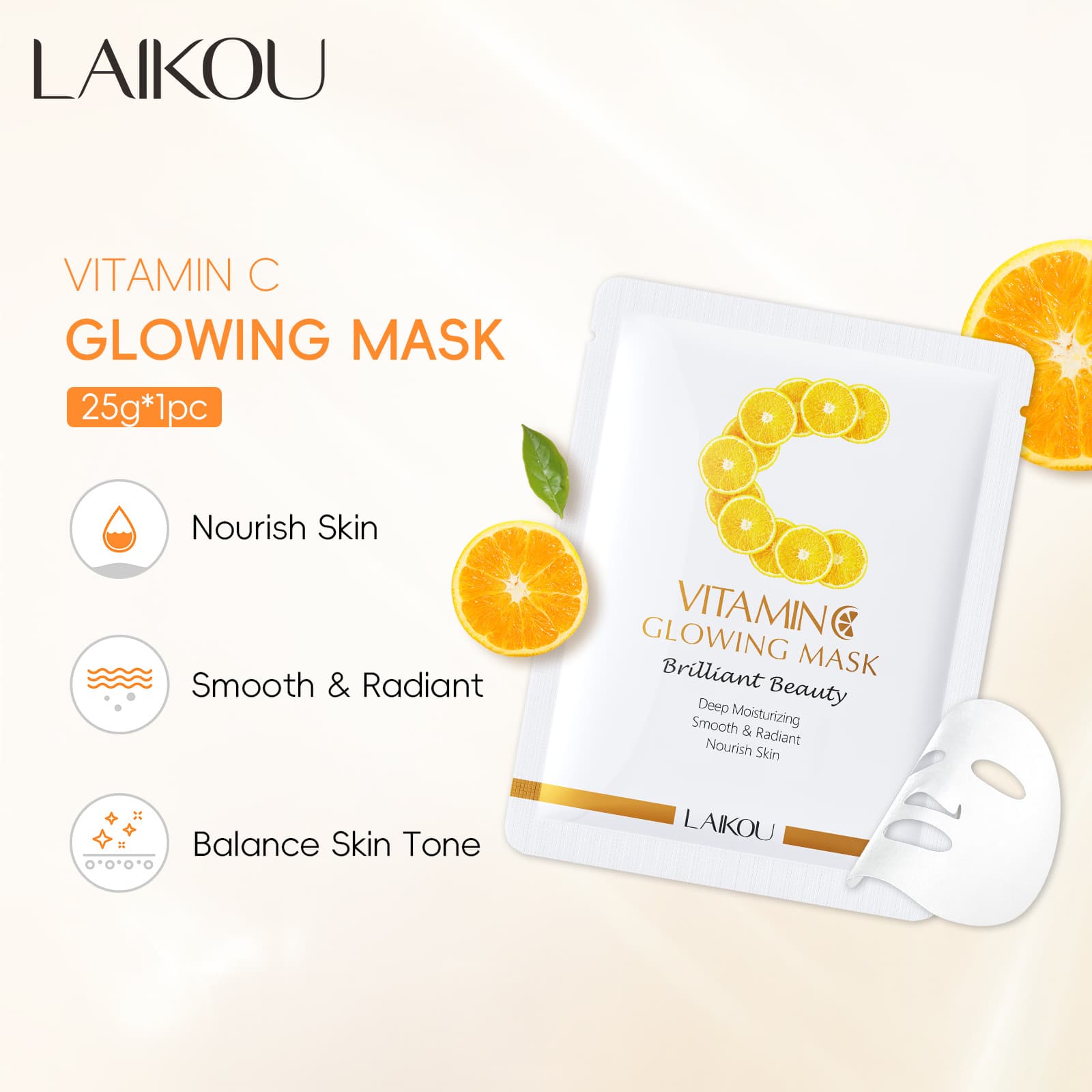 Cross-border New Product Laikou Vitamin C Glow Mask 25g Hydrating Moisturizing Sheet Mask In Stock Export Mask Full English