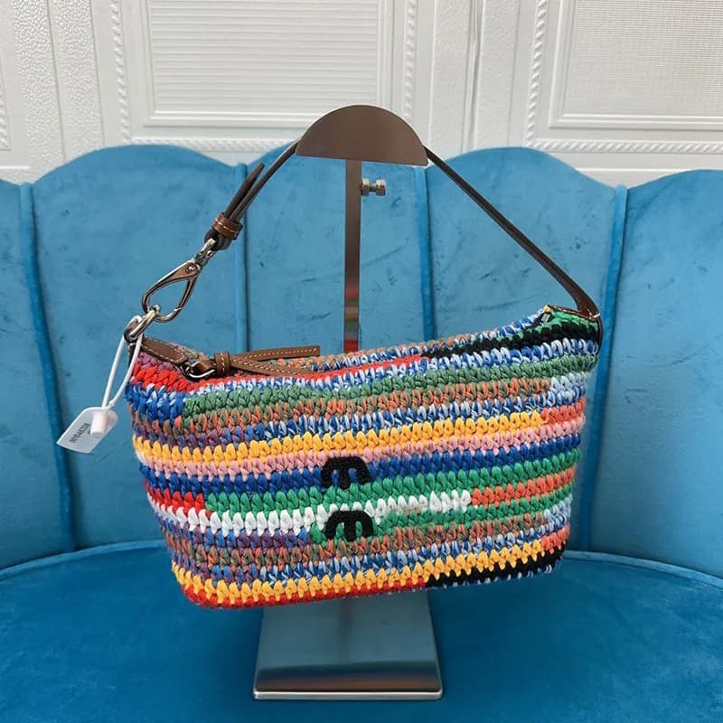 In Stock Miu Crossbody Rainbow Handwoven Woven Bucket Bag Retro Versatile Shoulder Bag for Vacation