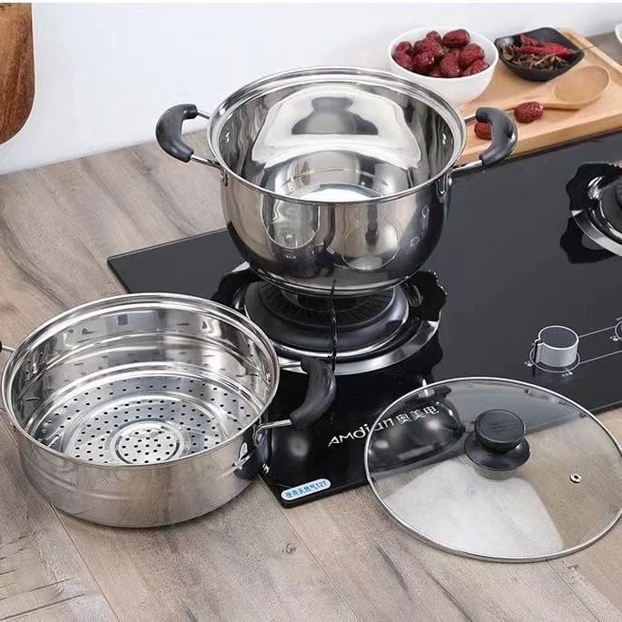 Guangfan stainless steel soup pot with thick single bottom, milk pot, double-handled porridge pot, home steamer, compatible with induction and gas stoves.