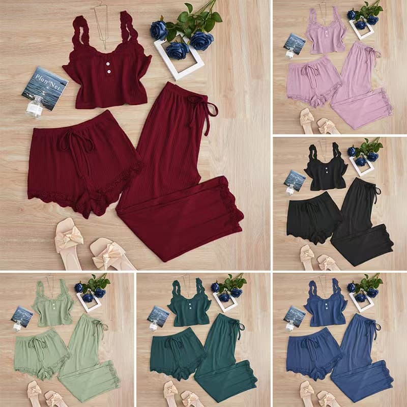 European and American Cross-Border Trade New Lace Sleepwear Women's Camisole Vest Top Wearable Outside Long and Short Pants Slim Fit Three-Piece Set