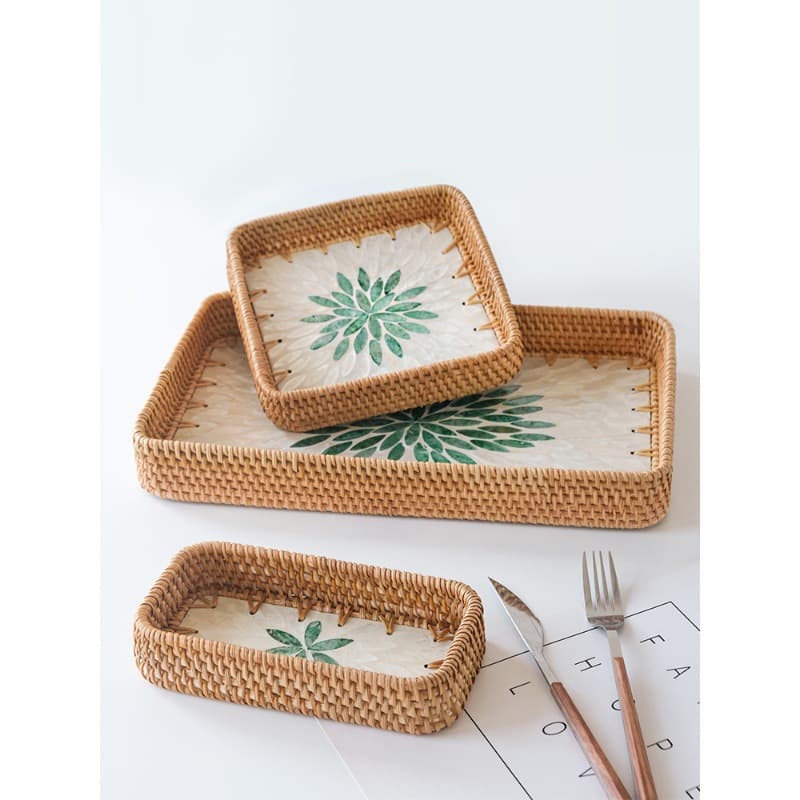 Natural Rattan Shell Tray Fruit Plate Household Living Room Snack Storage Tea Tray Square Tray 3-Piece Set