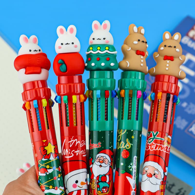 Christmas Theme Bunny 10-Color Pen Set - Cute Rabbit Designs, Christmas Tree, Floppy-Eared Bunny, 10 Colors