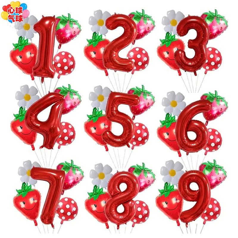 New Cross-Border Strawberry Number 0-9 Foil Balloon Birthday Anniversary Party Supplies Retail Wholesale