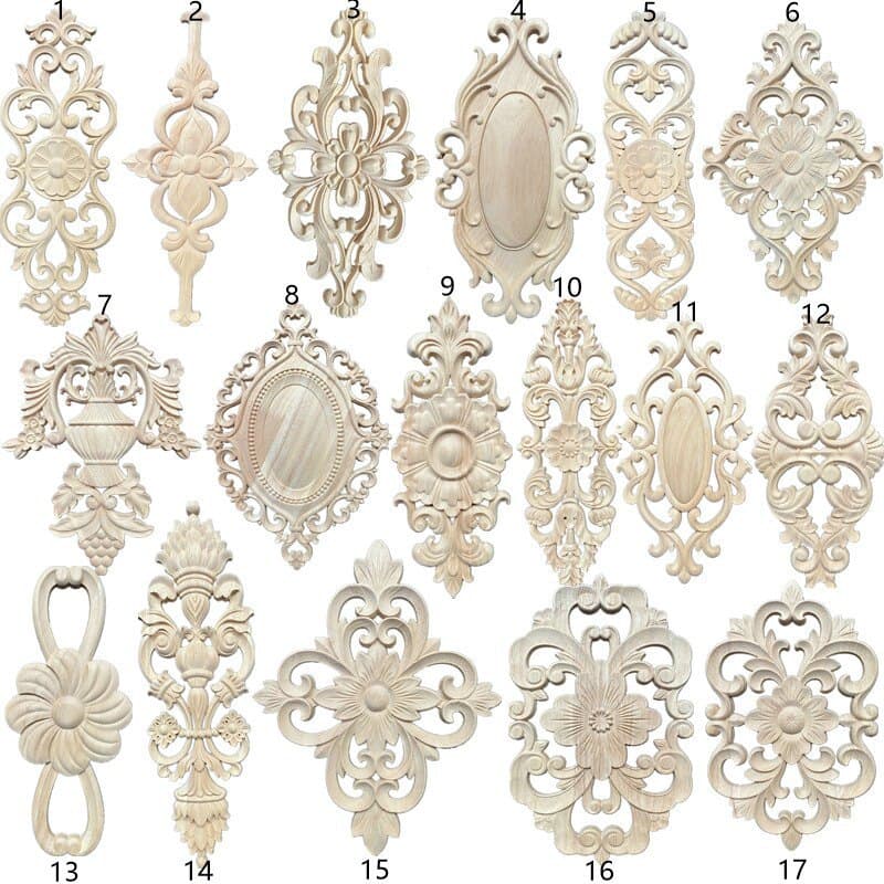 Wood Carving European Solid Wood Furniture Decorative Applique, Intricately Carved Flower Panel for Cabinet Doors, Wooden Ornament with Openwork Carving