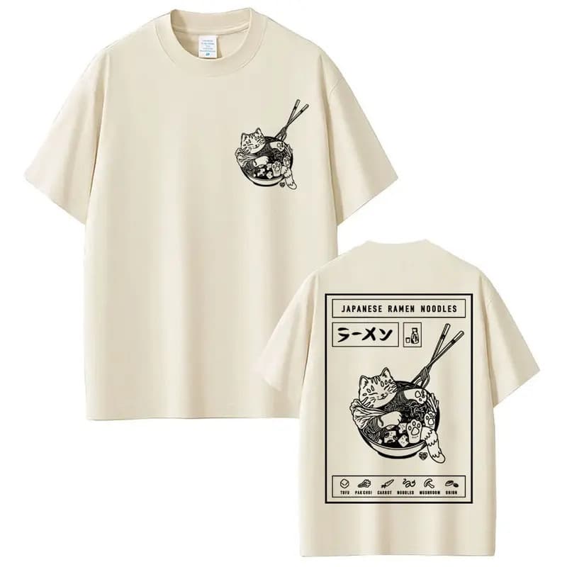 Cross-border Pure Cotton T-Shirt Japanese Style Ramen Noodles Cat Meme T-shirt Fas