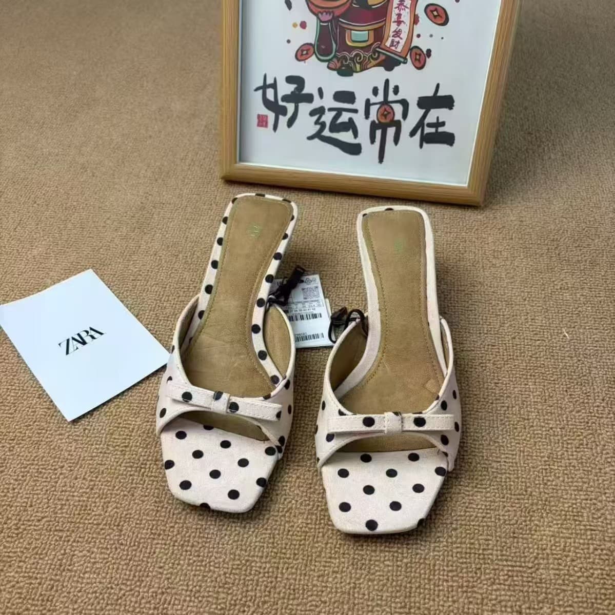 ZA2026 Summer New Women's Polka Dot Bow Backless Sandals French Square Toe Stiletto Heel Outdoor Slippers