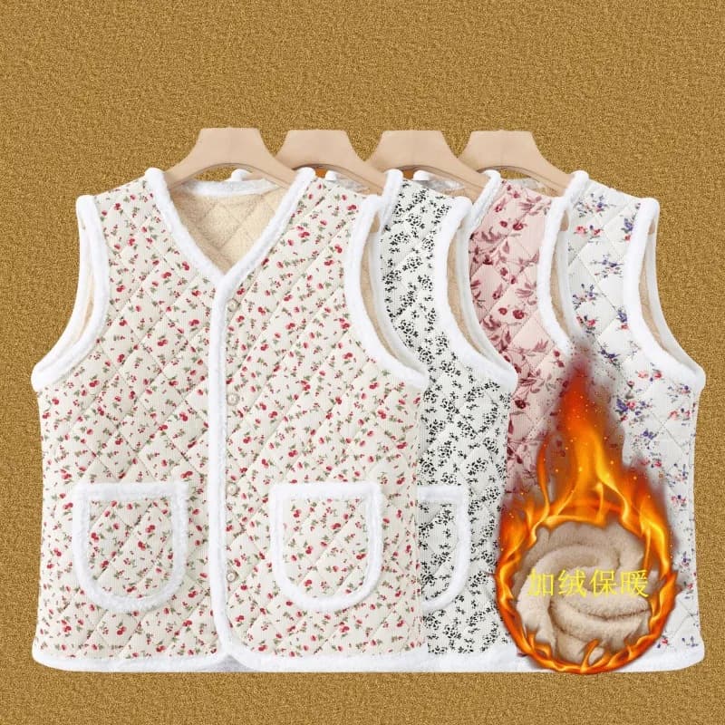 Floral vest for autumn and winter, middle-aged and elderly cotton vest, fleece-lined thick sleeveless warm mother's wear vest cotton clothing.