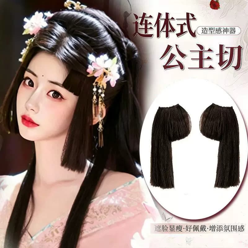 Hanfu Wig with Bangs, Princess Cut, Integrated Wig Piece for Forehead and Side Hairstyles, Warring States Robe Style