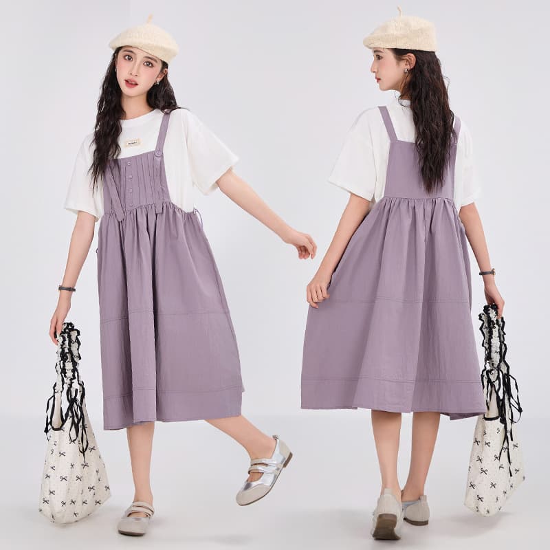 Junior high school girl's dress, summer dress, middle and older children's large size loose suspender skirt two-piece set, summer older children's short-sleeved suit