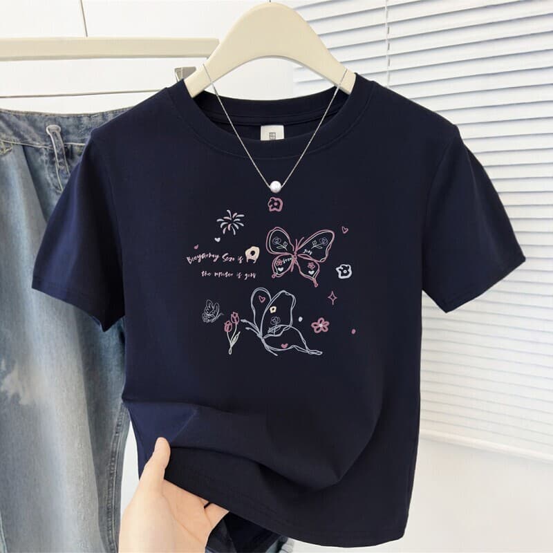 American Retro Navy Blue Printed Pure Cotton Short-Sleeved T-Shirt for Women, Summer Design, Age-Reducing, Versatile Casual Top