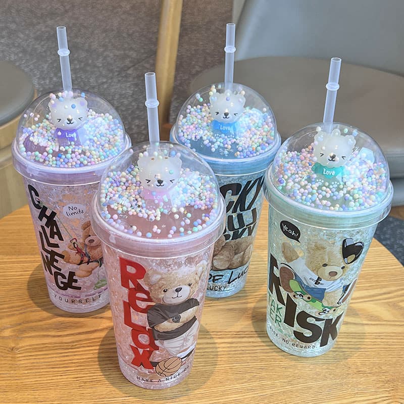 New Cross-Border High-Fashion Summer Internet-Famous Teddy Bear Cartoon Plastic Cup with Straw, Double-Layer Crushed Ice Cup