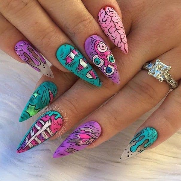 Purple and Green Contrast Horror Zombie Eyeball Brain Graffiti Pointed Press-On Nails European and American Baddie Spooky Style Long Almond Nails