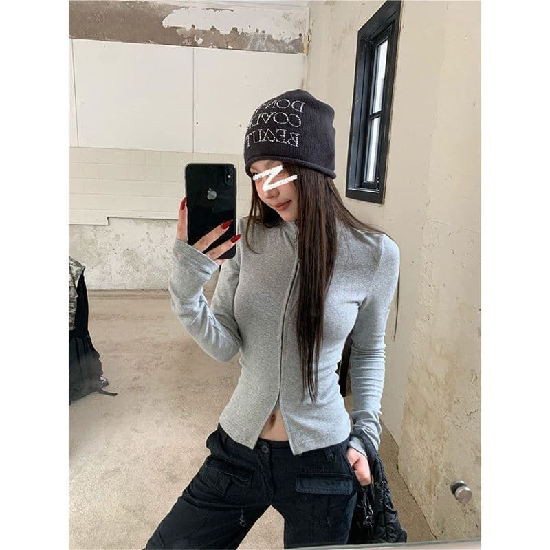 Cross-border wholesale versatile sports style gray double zipper stand collar long-sleeved T-shirt women's slim sexy top