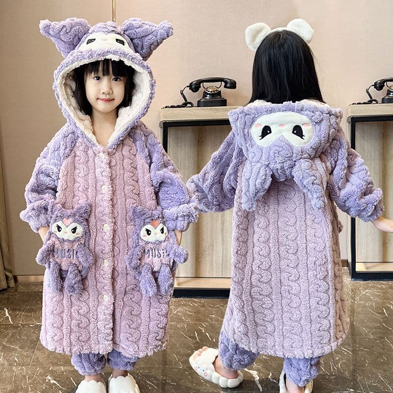 Girls' Pajama Set 2026 Fall/Winter Coral Fleece Kids' Robe and Pants Set, Cute and Comfortable Little Princess Two-Piece