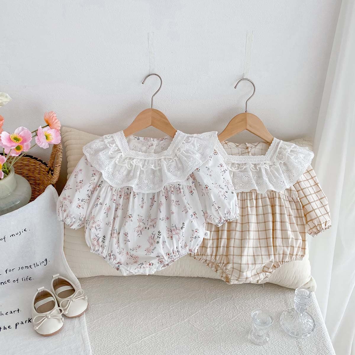 Spring Thin Jumpsuit for Girls, Long-Sleeved Plaid Floral Romper, Newborn Cute Doll Collar Sweet Clothes