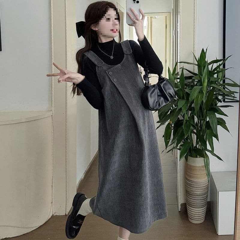 Maternity Autumn Dress New Arrival, Fashionable Two-Piece Set with Winter Style Suspenders Skirt