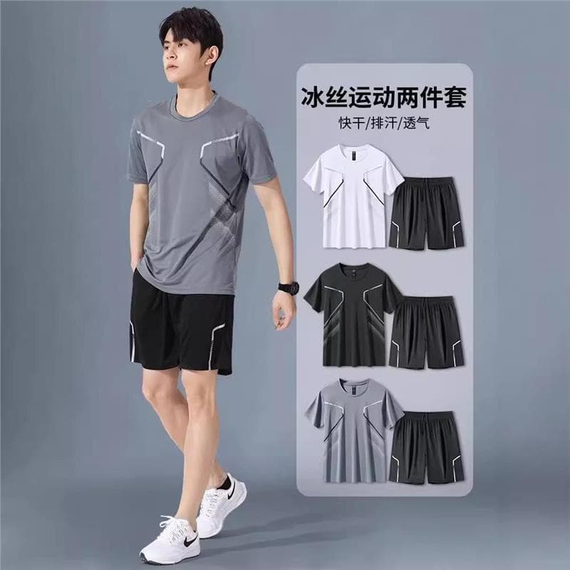 Sportswear suit men's running short-sleeved ice silk summer quick-drying clothing basketball clothing feather fitness clothing shorts summer