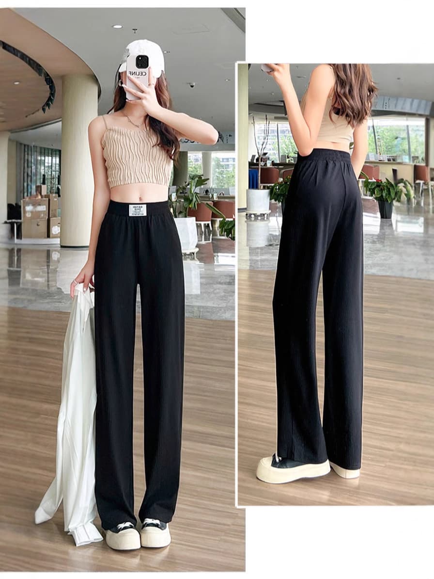Hong Kong Style Trendy Women's Pants Thin Loose Ice Silk Straight Leg Casual Pants Flowy Ice Silk Wide Leg Pants ins