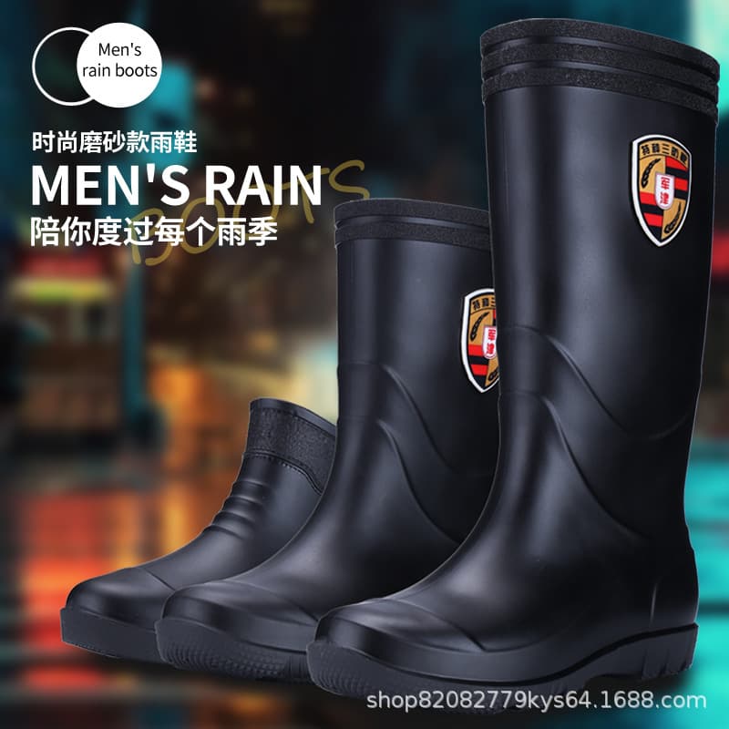 Men's frosted black sole rain boots, thickened, non-slip, wear-resistant, cotton-lined fleece-lined water boots, construction site waterproof boots.