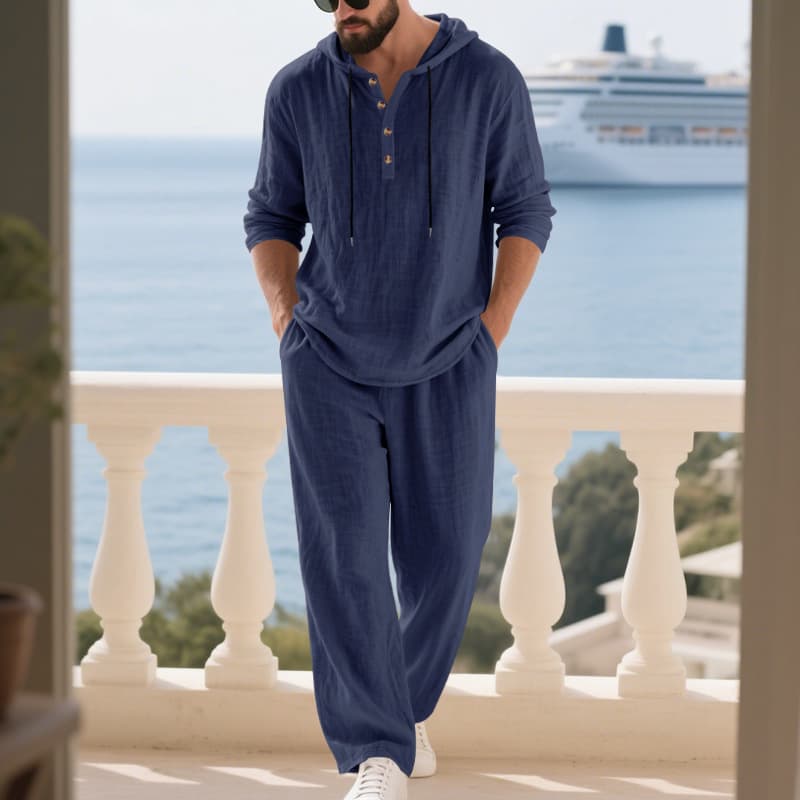 Cross-border European and American autumn linen men's casual suit Amazon loose hooded henley shirt long-sleeved trousers suit