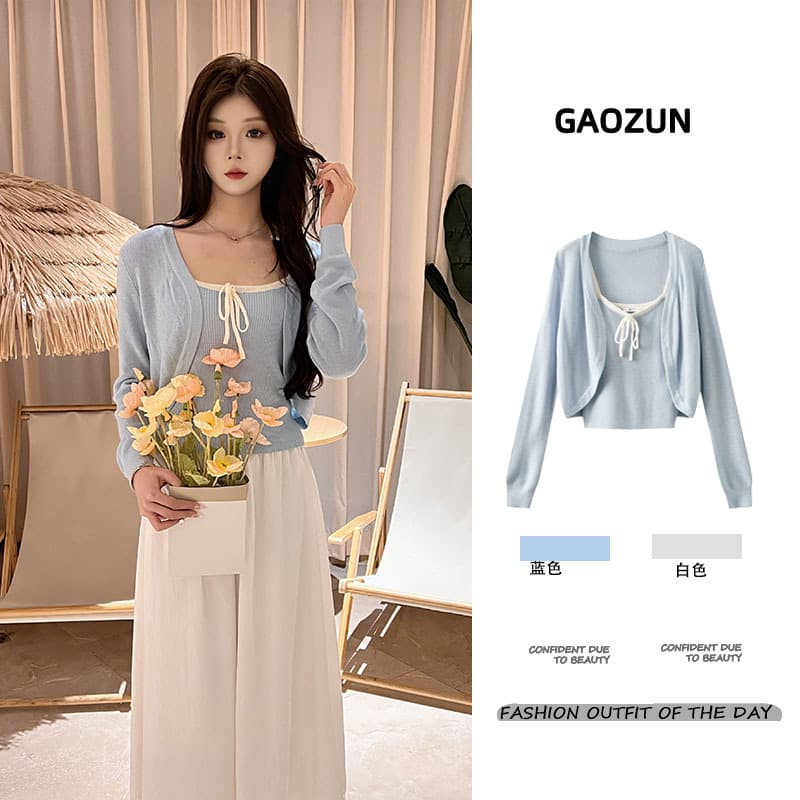 Gaozun 2024 Spring/Autumn Cardigan Two-Piece Set Short Knit Camisole Top Women's Round Neck Sweater Contrast Color