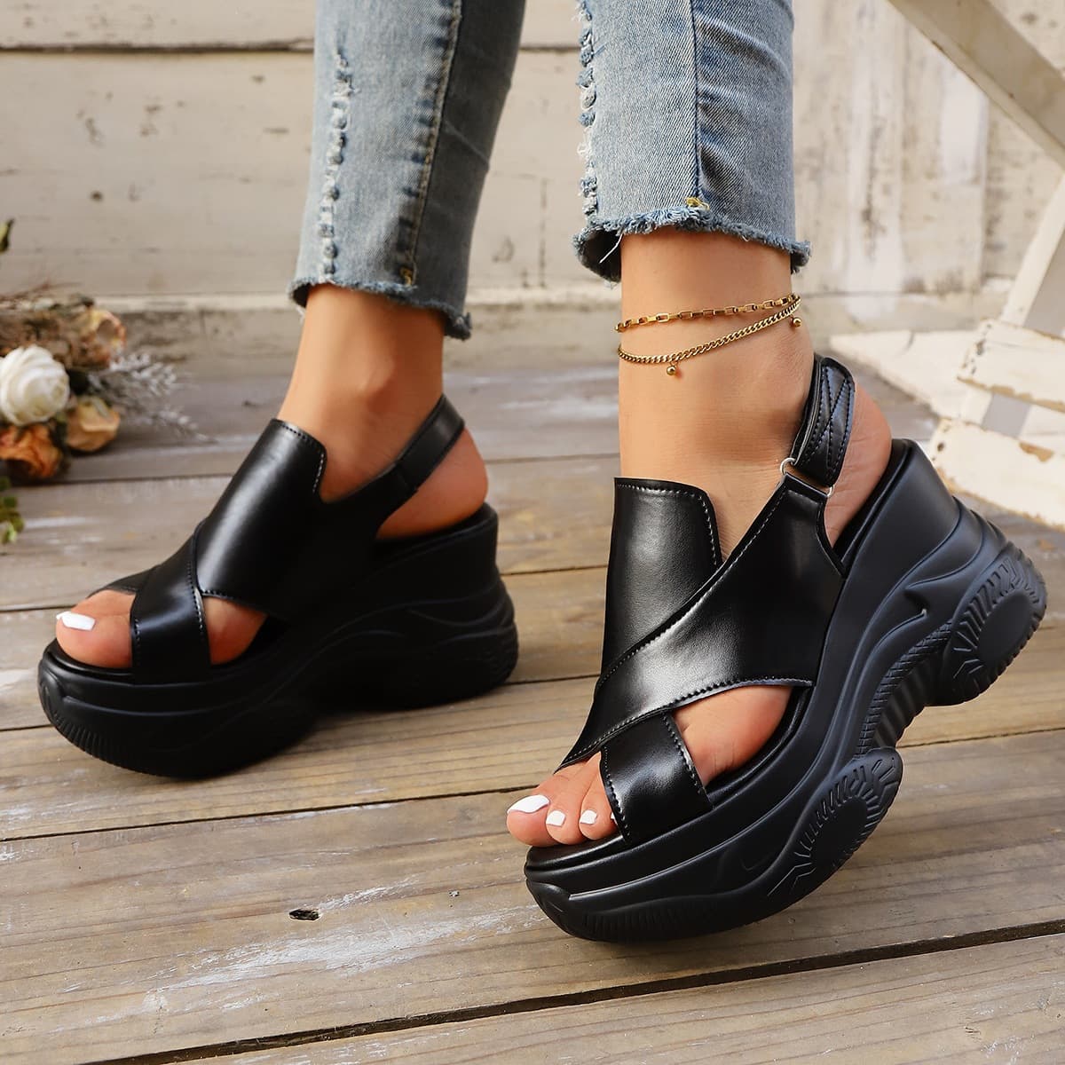 2025 Roman Sandals Large Size Cross-Border New Summer Wedge Heel Sandals Women Hollow Magic Tape Platform Sandals Thick Sole