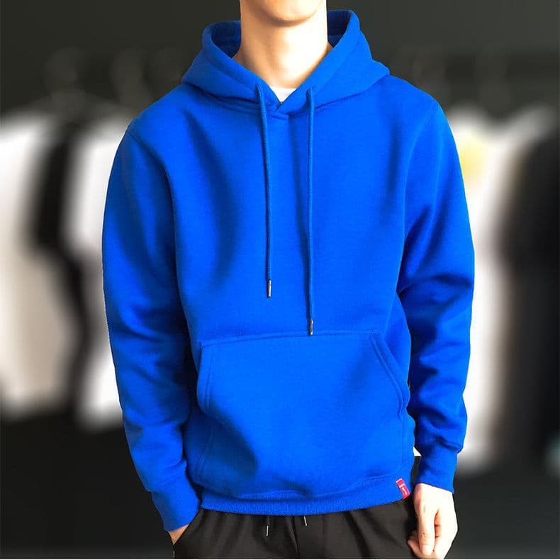 Trendy Solid Color Fleece-lined Men's Hooded Sweatshirt Thickened Autumn/winter Style Versatile Korean Version For Casual Scene