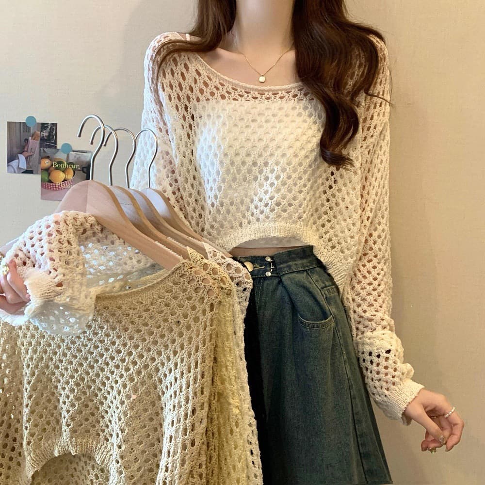 European and American Cross-border Amazon Summer New Knitwear Short Cardigan Hollow Out Solid Color Loose Round Neck Sweater Top