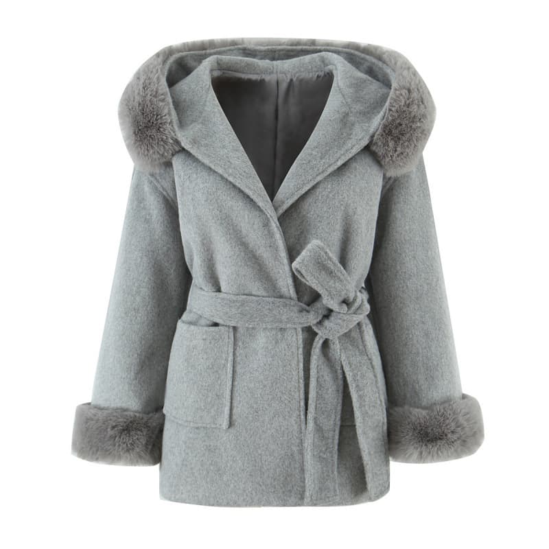 Cross-border European and American Women's Fashion INS Bestseller Hooded Waist-Tied Cape-Style Faux Wool Coat