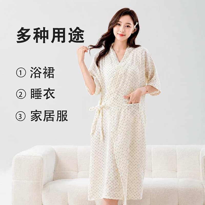 Pure Cotton Gauze Bathrobe for Women Summer Thin Long Short-Sleeve Sleepwear Sweet Floral Bathrobe Loose Loungewear