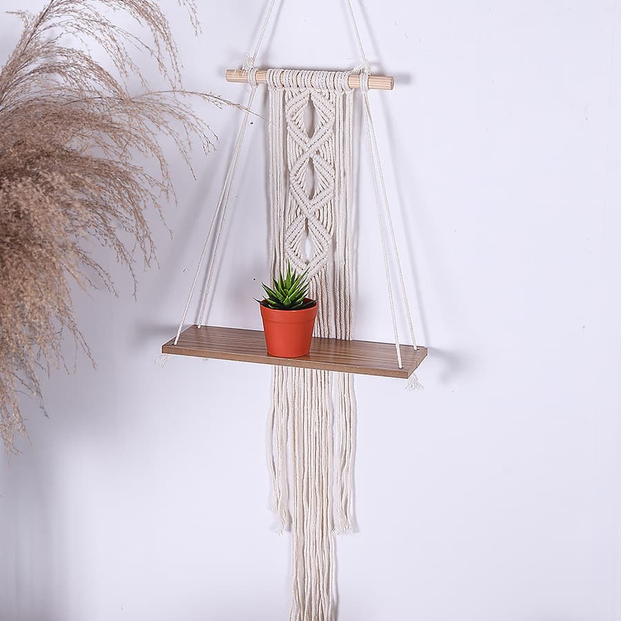 New Nordic Simple Style Handwoven Cotton Rope Wooden Shelf Wall Storage Decorative Hanging Ornament