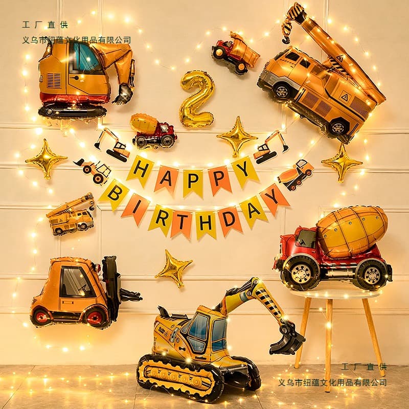 Boys 2, 2, 3 and 3 years old, car balloons, baby children's birthday party atmosphere decoration scene layout background wall