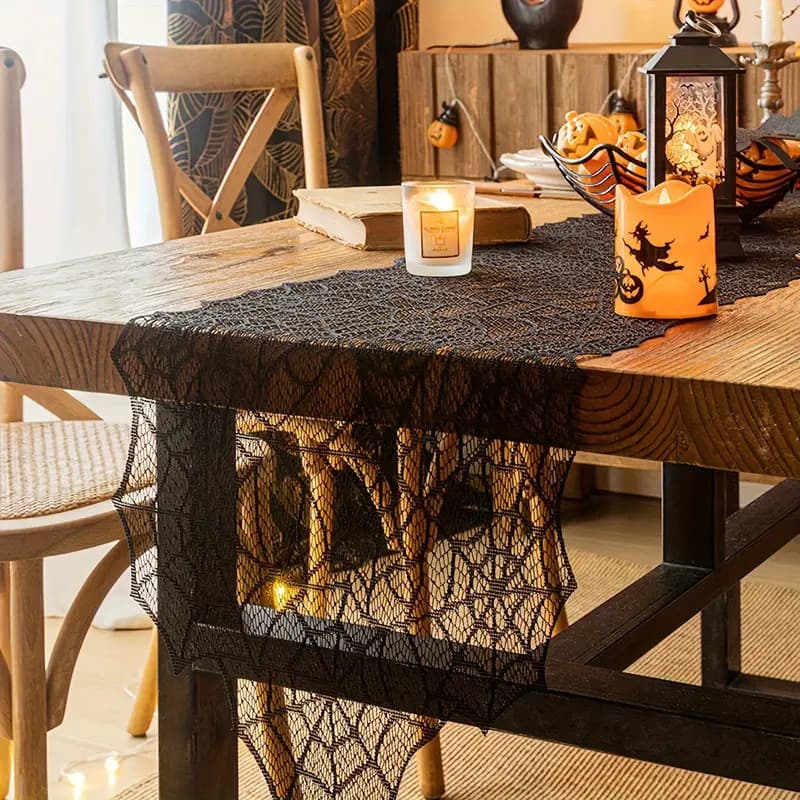 Manufacturer supplies black spider web lace table flag wavy edge party decorations American retro style