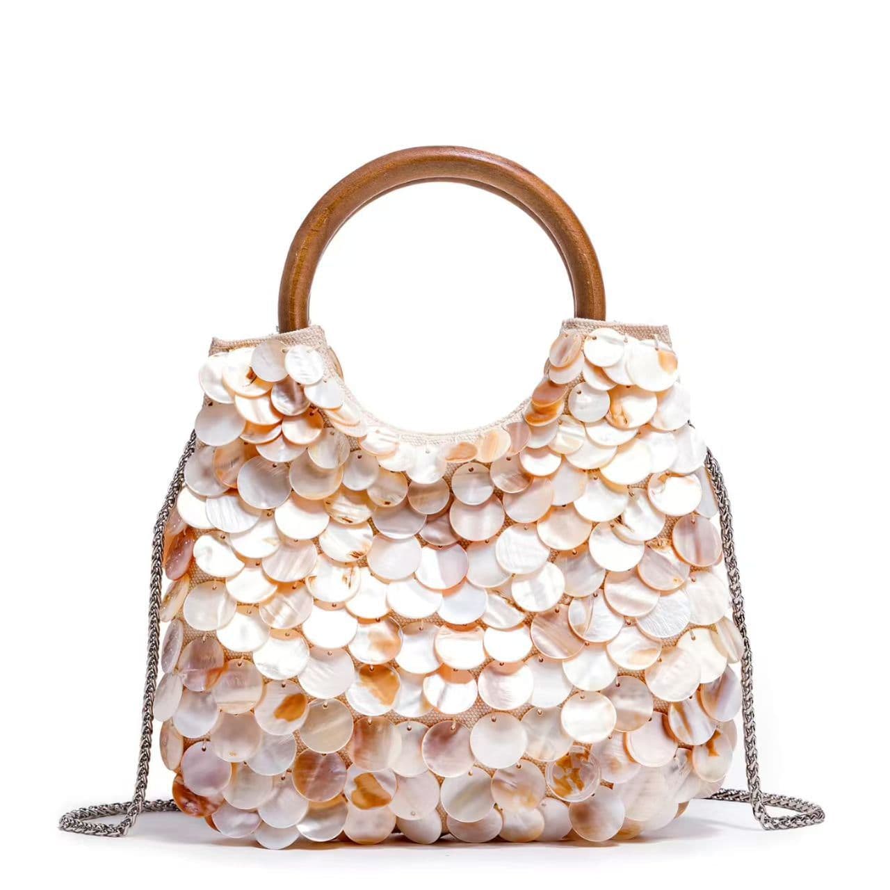 2026 New Handmade Natural Shell Bag with Wooden Handle, Chain Strap, Shoulder & Crossbody Bag