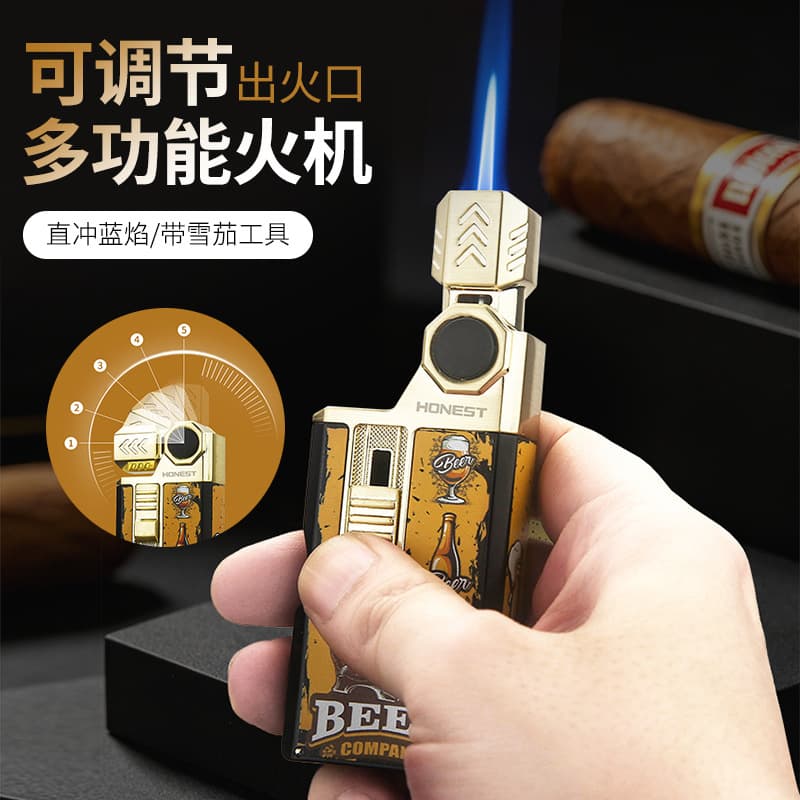 Internet celebrity with cigar needle cigar knife windproof lighter inflatable blue flame straight men's gift lighter cross-border