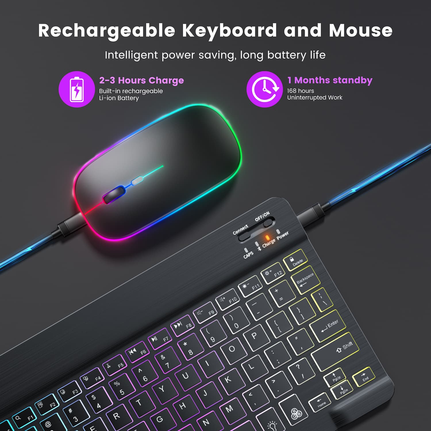 Cross-border Drop Shipping Rainbow Glowing Wireless Keyboard and Mouse Combo for Tablet PC Keyboard Spanish Russian Thai French