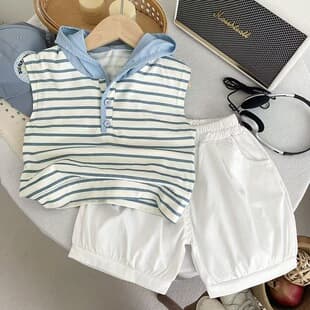 Boys Summer New Striped Sleeveless Vest Set Baby Thin Hooded Shorts Two-Piece Korean Style Trendy Suit
