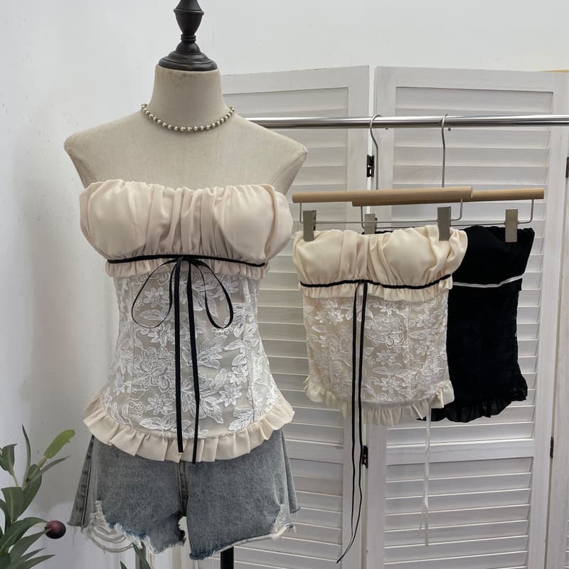 Actual Photo Jacquard Lace Bow Contrast Pleated Corset Vest Women's Summer Padded Sleeveless Top 6168