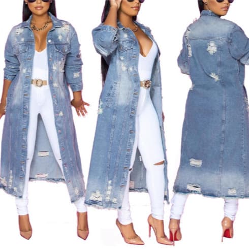 Amazon's new European and American style spring and autumn style lapel button-down washed distressed denim long-sleeved coat/jacket for women.