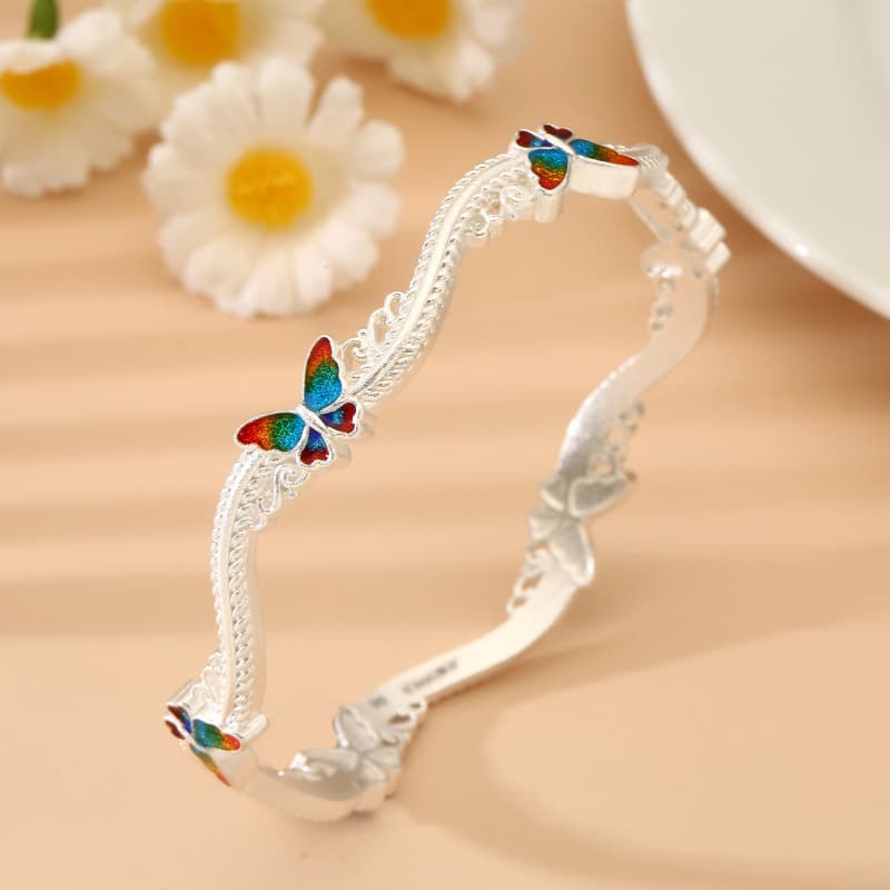 No. 8395 Pure Silver 999.9 New Chinese Style Irregular Enamel Butterfly Bracelet, Elegant and High-end National Trend New Chinese Style