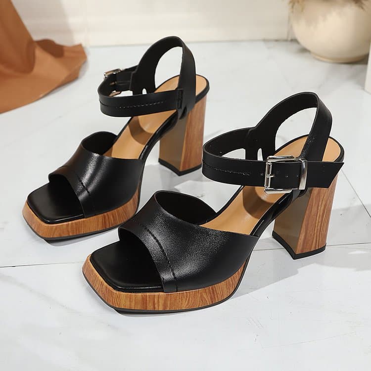 Open-Toe PU Single-Strap Buckle Block Heel High-Heel Sandals Roman-Style Square Toe Peep-Toe High-Heel Plus-Size Sandals