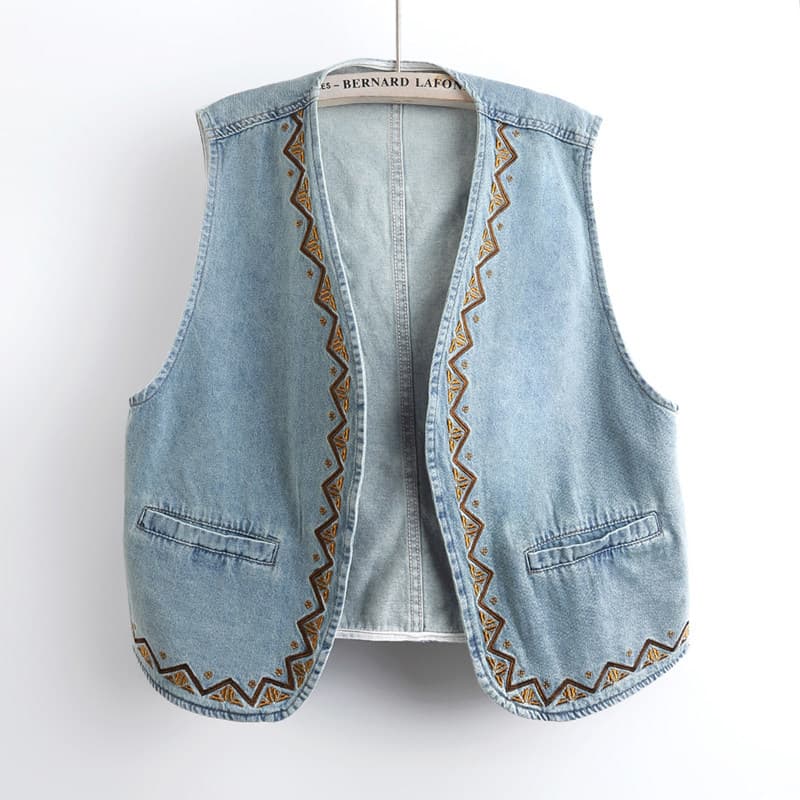2026 Spring/Summer New Vacation Style Retro Embroidered V-Neck Denim Vest for Women, Short and Versatile Outerwear Vest