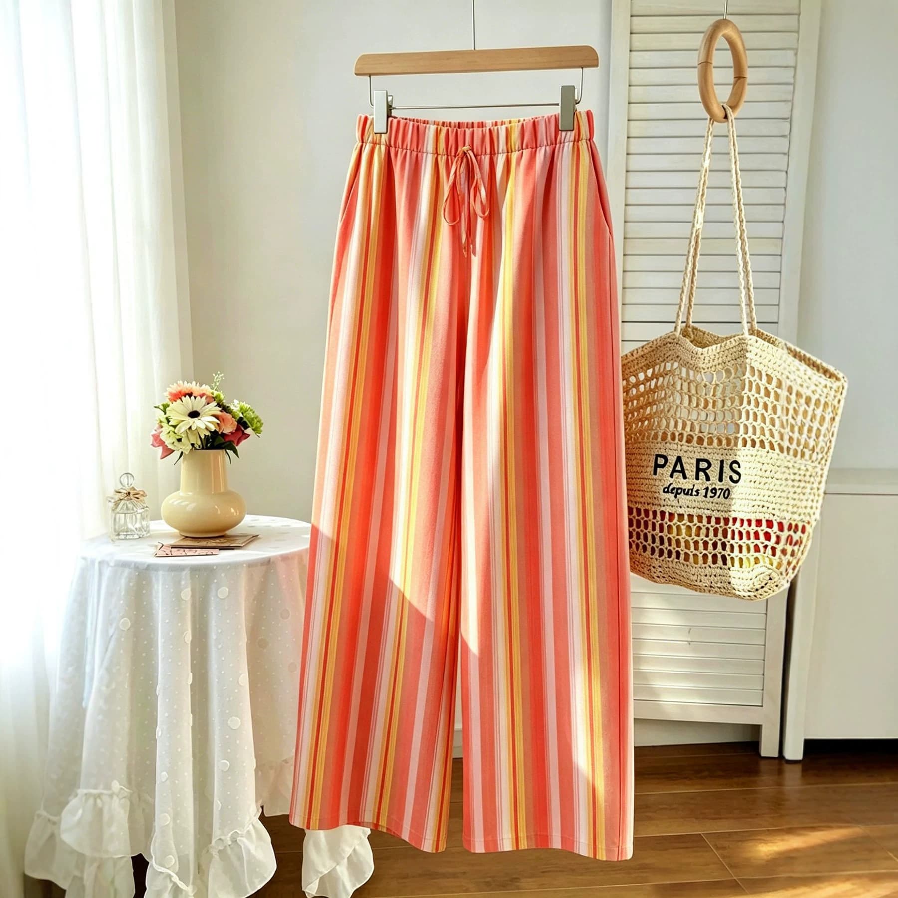 2026 European and American Plus Size Striped Wide-Leg Pants Summer Thin High-Waist Versatile Casual Women's Pants Plus Size