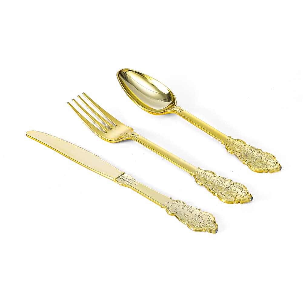 Ready Stock Amazon Vintage Gold UV Plated Disposable Knife Fork Spoon Birthday Party Supplies Shein TEMU Hot Seller