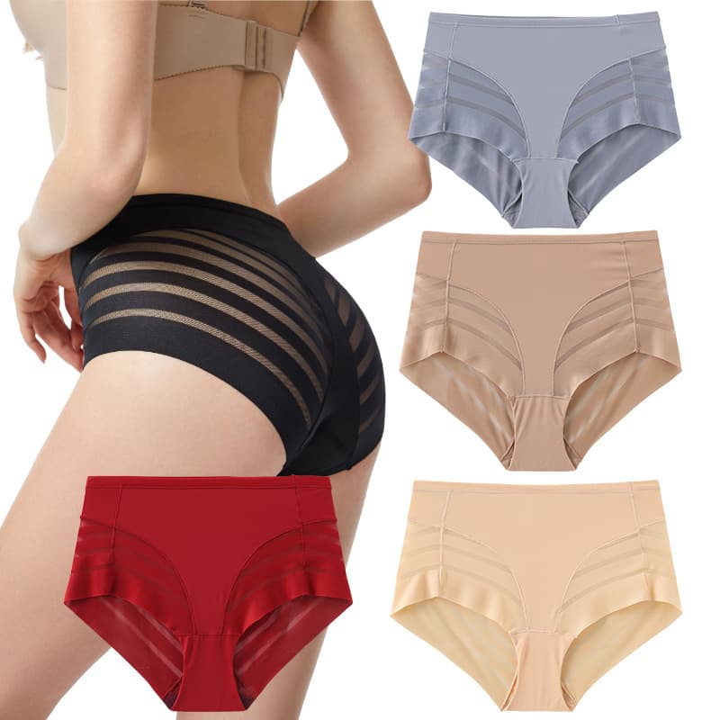 New Mesh Comfort Plus Size High-Waist Striped Sheer Women's Briefs Cross-Border Ice Silk Panties
