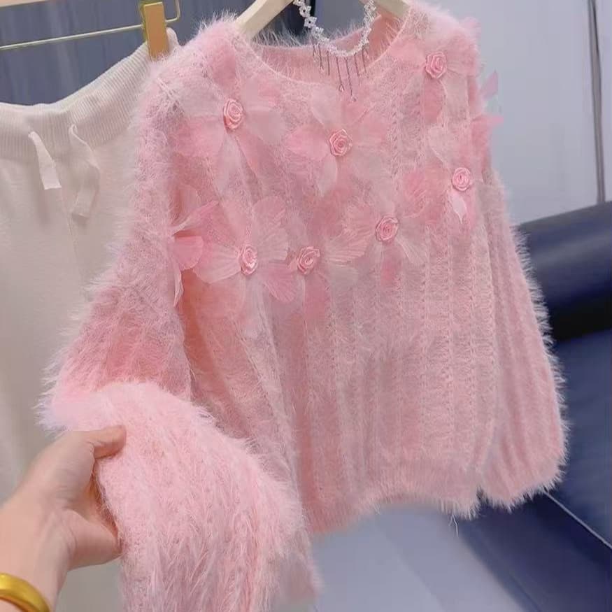 French sweet heavy beaded flower wool sweater for women 2025 autumn new loose hook pattern hollow sweater