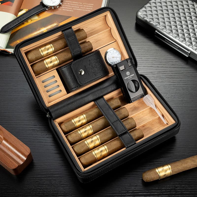 Kelong Cigar Carrying Case Leather Built-in Thermometer Humidifier Large Capacity Multifunctional Lighter Set