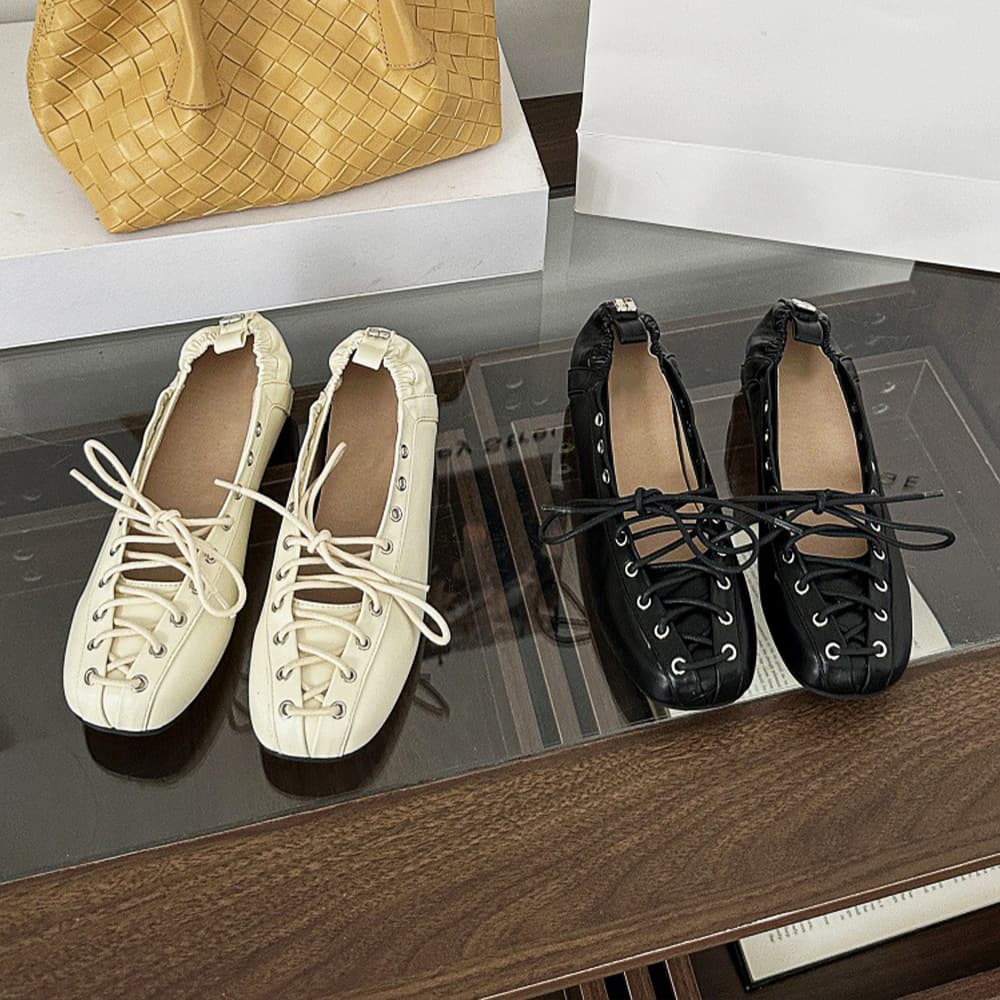 2026 Summer Cowhide Leather French Cross Strap Ballet Flats with Soft Sole and Retro Hidden Wedge Heel for Women